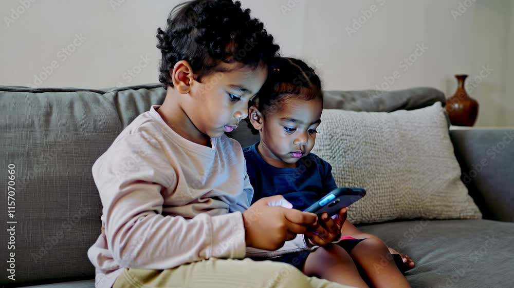 Side view of Sofa, boy and black child with phone for games, connection or streaming cartoon movies in home. Side view of Sofa, boy and black child with phone for games, connection or streaming cartoon movies in home.