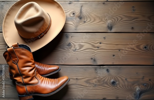 Brown cowboy boots, hat on rustic wooden background. Western style accessories. Classic country fashion items. Flat lay photo for invitation card. Rustic style image. Empty space for design, text. photo