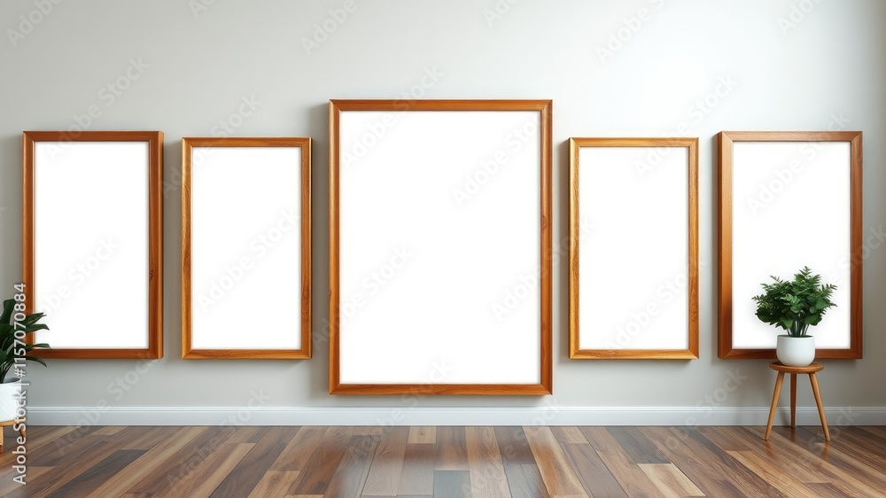 Empty wooden picture frames on a wall in a room with hardwood floors and plants Empty wooden picture frames on a wall in a room with hardwood floors and plants
