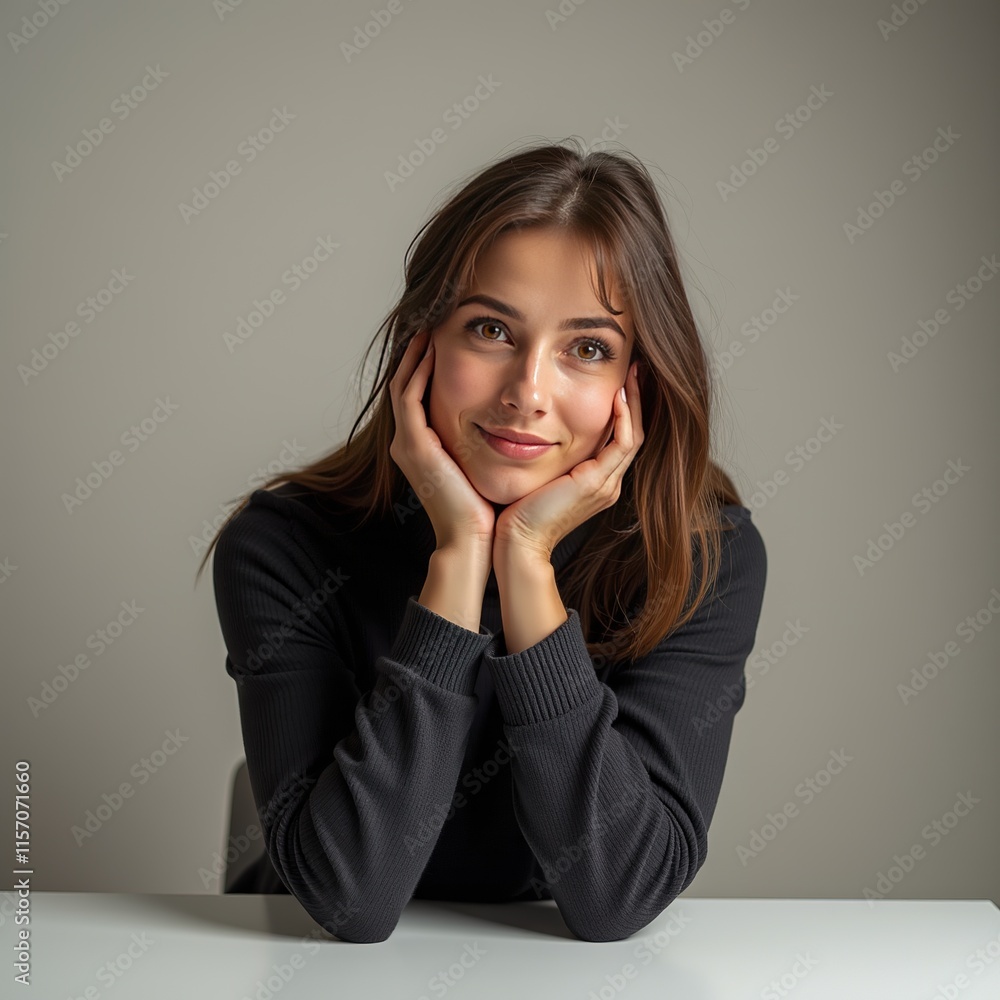 Smiling woman resting her chin on hands in black sweater. Smiling woman resting her chin on hands in black sweater.