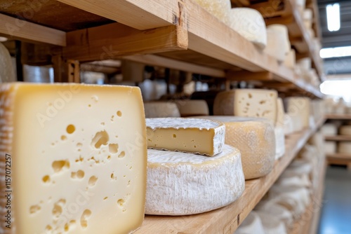 An inviting array of various cheeses displayed on wooden shelves, highlighting the rich textures and colors that represent gastronomic tradition and culinary craft. photo