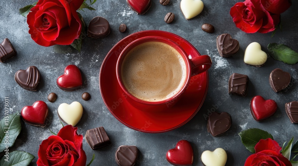 Coffee Cup Surrounded by Red Roses and Heart-Shaped Chocolates Coffee Cup Surrounded by Red Roses and Heart-Shaped Chocolates