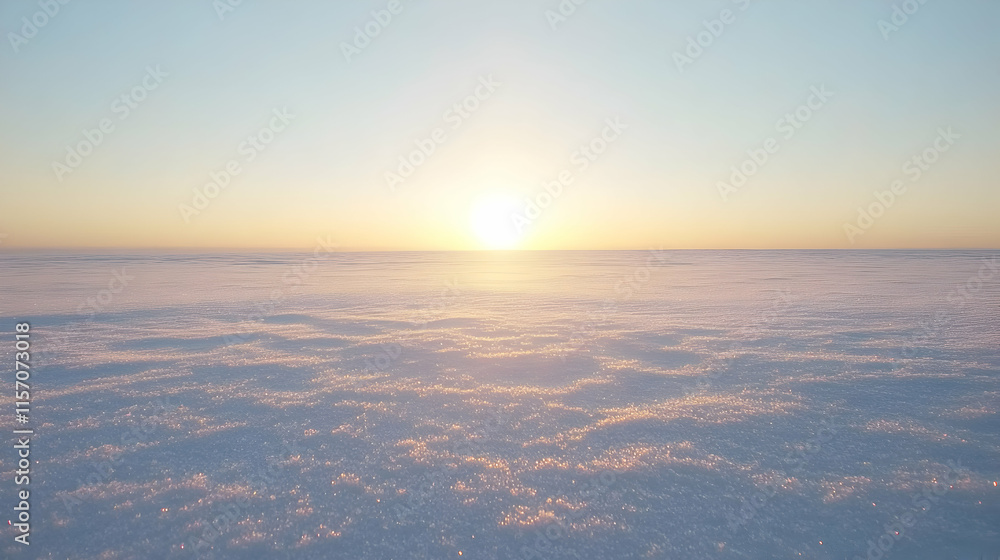 Serene sunset over a vast, snow-covered landscape.  Peaceful winter scene with soft light.