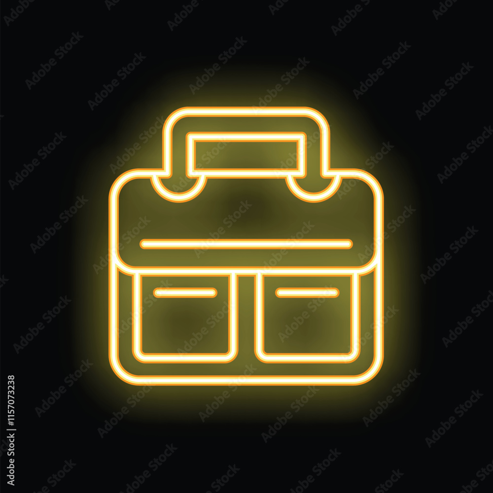 Yellow neon sign in the shape of a business person's briefcase, glowing brightly against a black background Yellow neon sign in the shape of a business person's briefcase, glowing brightly against a black background