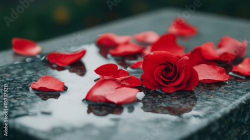 Scattered red rose petals on a wet stone surface.