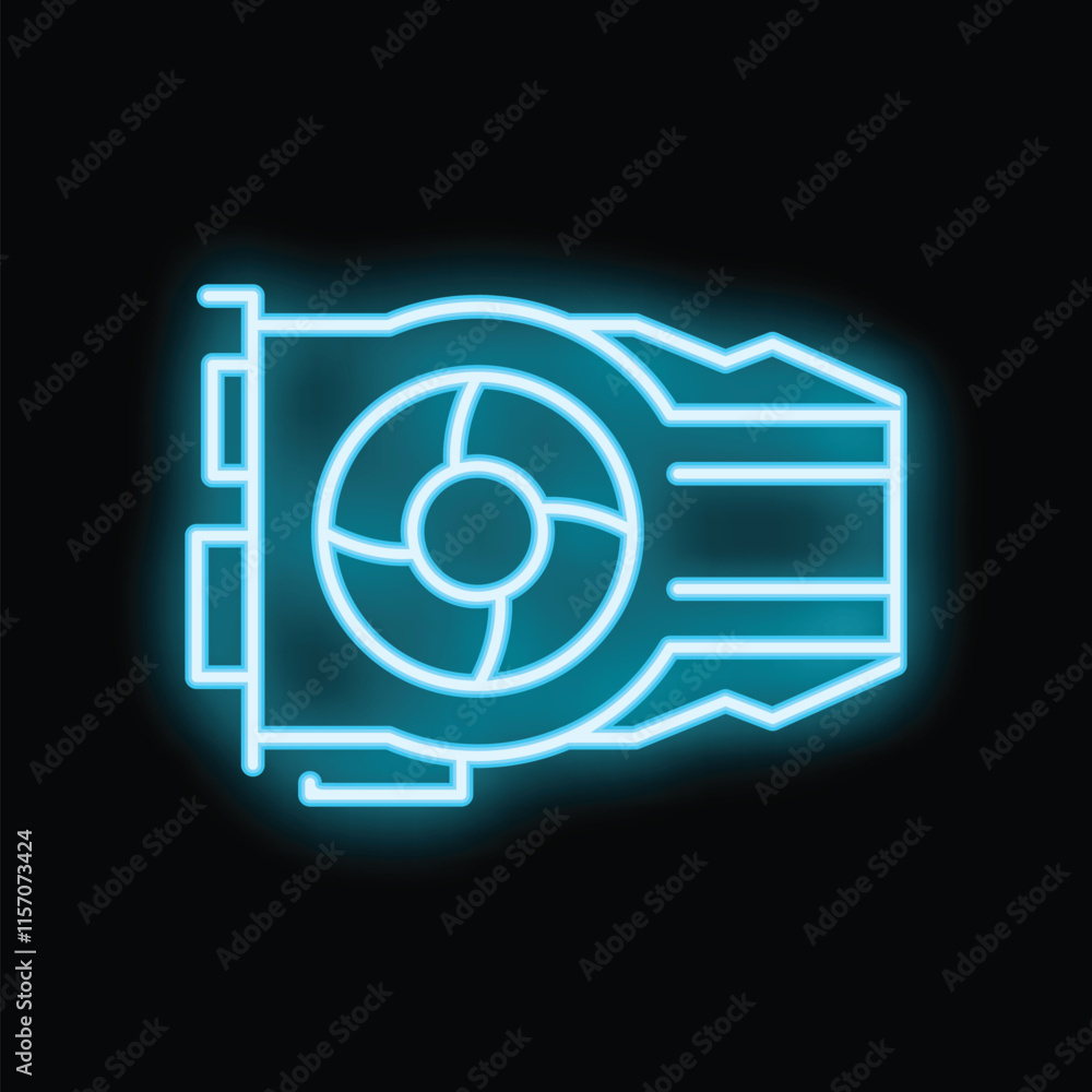 Blue neon icon of a computer graphics processing unit glowing on a black background Blue neon icon of a computer graphics processing unit glowing on a black background