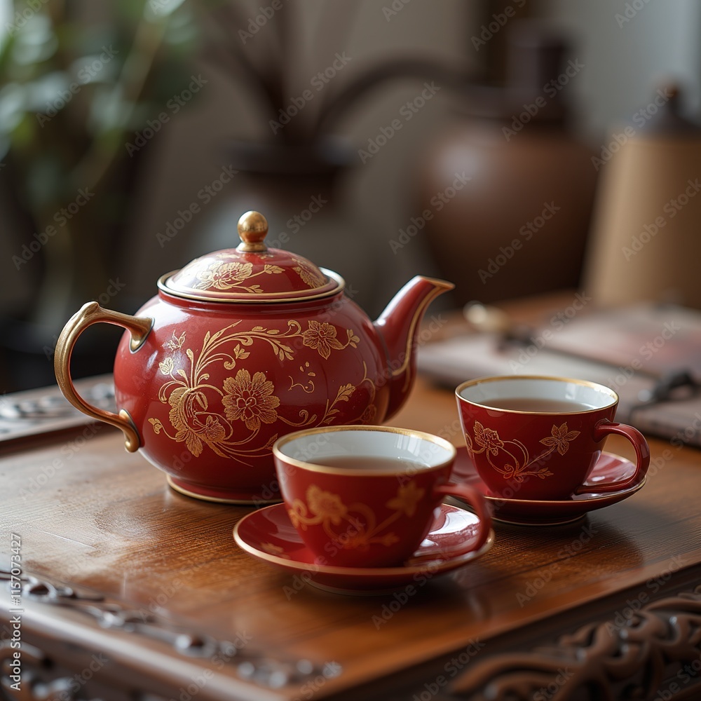 Luxurious red and gold tea set on decorative table. Luxurious red and gold tea set on decorative table.