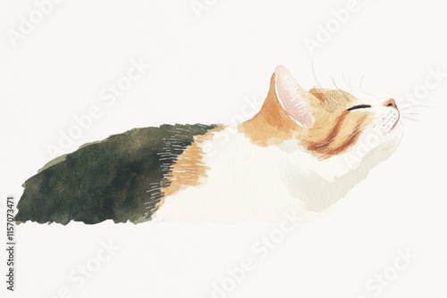 Background cat, A serene watercolor illustration of a resting cat, showcasing soft colors and gentle lines, evoking a sense of calm and tranquility. photo