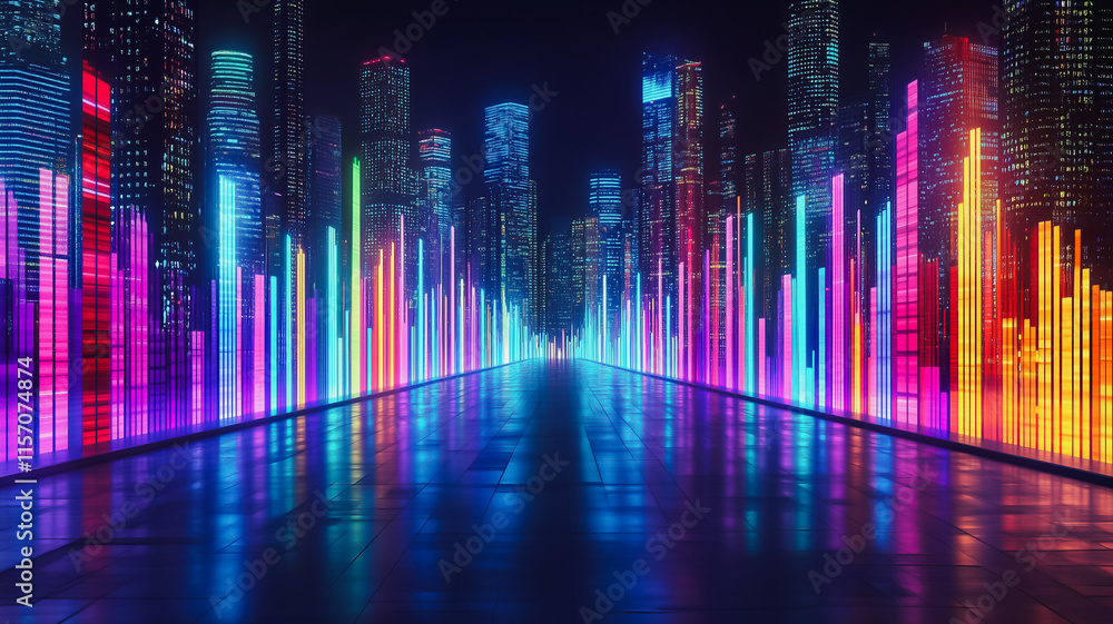 A cityscape with neon lights and a long, narrow road A cityscape with neon lights and a long, narrow road