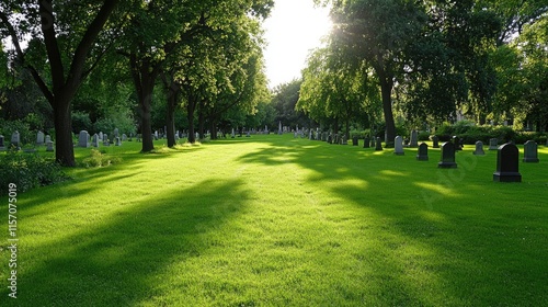 Wallpaper Mural A serene cemetery features rows of old tombstones nestled in vibrant green grass under a clear blue sky Torontodigital.ca