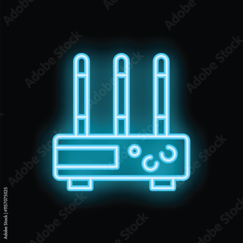 Neon icon of a wifi router glowing blue against a black background