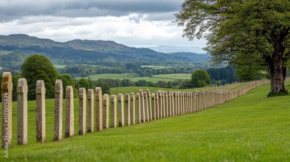 Fototapeta premium A serene cemetery features rows of old tombstones nestled in vibrant green grass under a clear blue sky