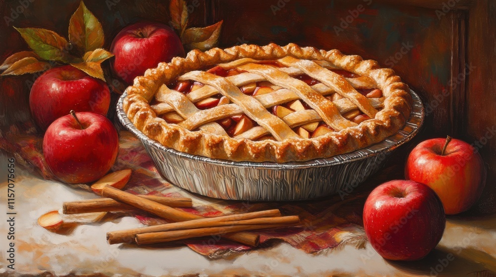 Freshly Baked Apple Pie in a Rustic Setting with Cinnamon Sticks Freshly Baked Apple Pie in a Rustic Setting with Cinnamon Sticks