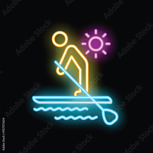 Neon glowing icon of stand up paddling on water with paddle under the sun