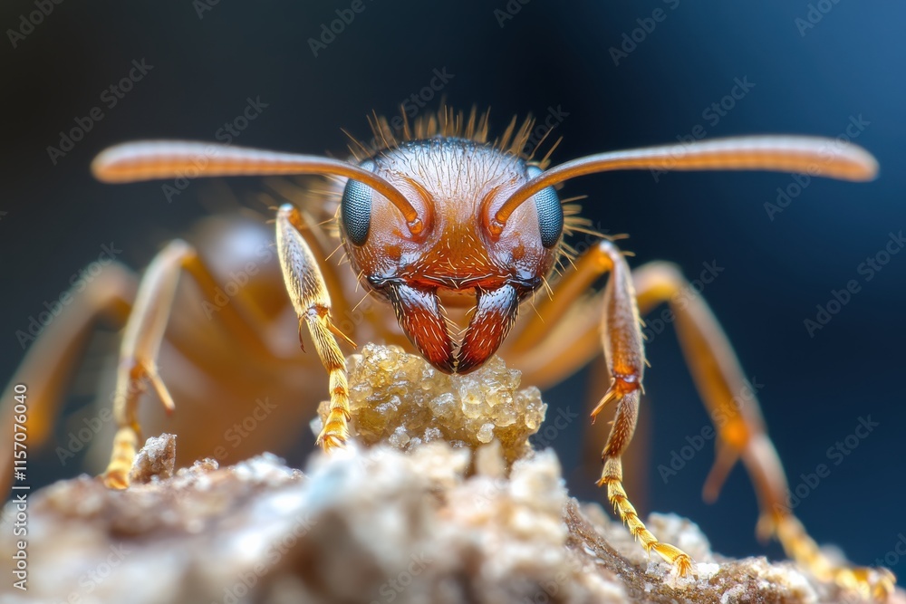 An intricate close-up of an ant intently grasping a grain of sugar, showcasing its detailed anatomy and captivating expressions in a beautifully illuminated setting. An intricate close-up of an ant intently grasping a grain of sugar, showcasing its detailed anatomy and captivating expressions in a beautifully illuminated setting.