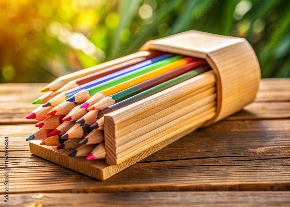 Obraz premium Tilt-Shift Photo: Eco-Friendly Wooden Pencil Case & Pencils in Sunlight