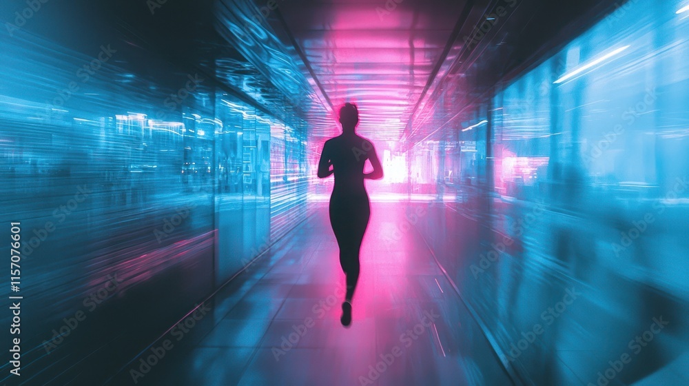 Fototapeta premium Woman running through neon-lit futuristic corridor.