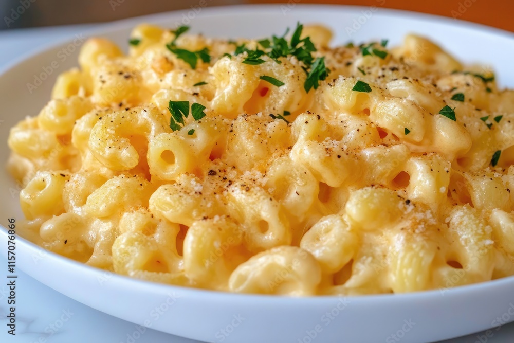 A rich serving of macaroni and cheese topped with parsley for freshness. A rich serving of macaroni and cheese topped with parsley for freshness.