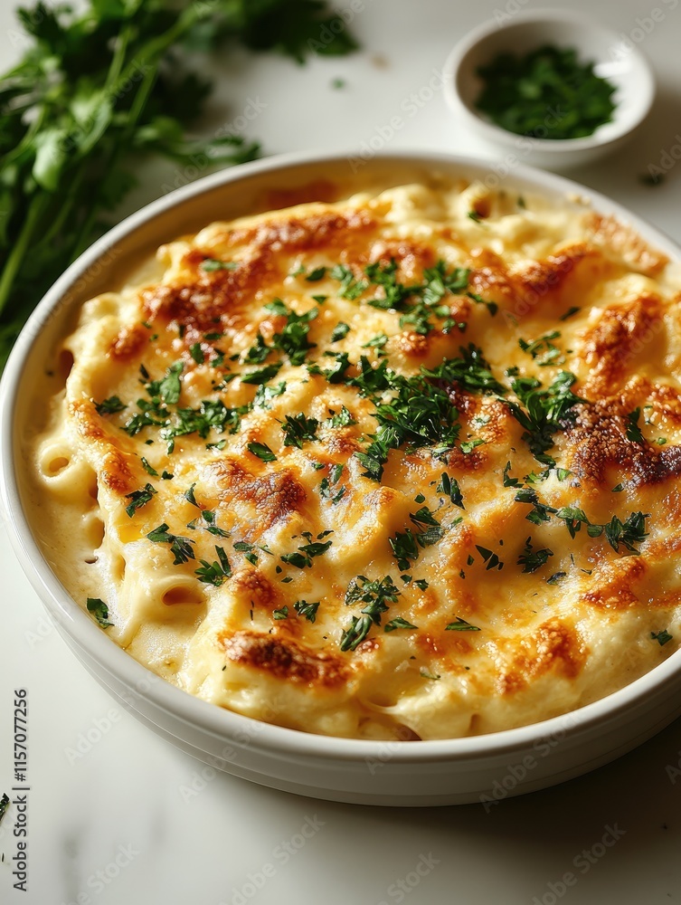 Baked macaroni and cheese with a golden, bubbly crust and herbs topping. Baked macaroni and cheese with a golden, bubbly crust and herbs topping.