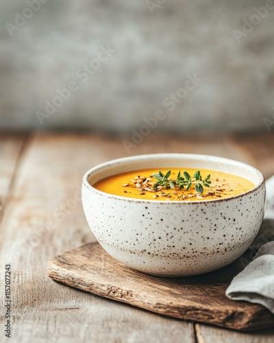 Delicious creamy pumpkin soup recipe cozy kitchen culinary art warm atmosphere close-up view comfort food concept photo