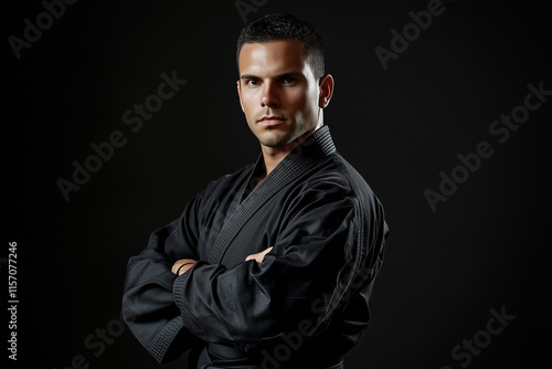  man in a black karate uniform stands in a dark room. He is looking directly at the camera photo