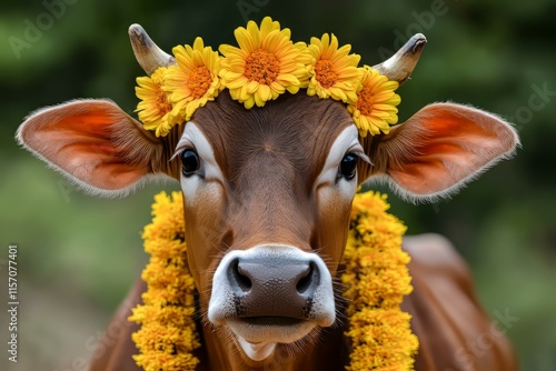 Festive cow adorned with flower garlands rural farm animal portrait nature setting close-up view celebration concept photo