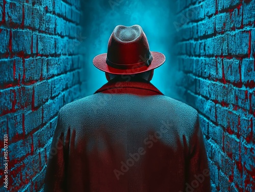 Mysterious figure in dark alley urban setting digital art nighttime back view suspenseful atmosphere photo