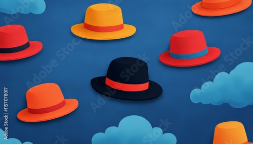 Colorful hats floating among clouds digital art whimsical design vibrant atmosphere aerial perspective creative concept photo