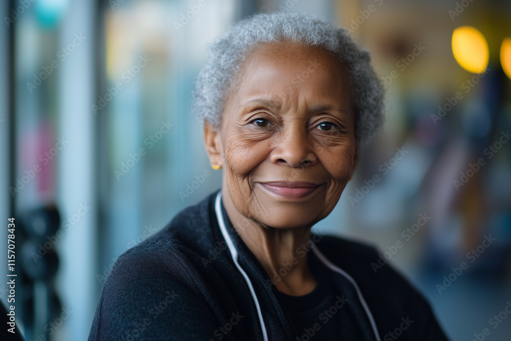 woman with gray hair is smiling at the camera. She is wearing a black sweater and a black shirt woman with gray hair is smiling at the camera. She is wearing a black sweater and a black shirt