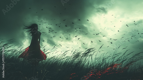 Fototapeta Naklejka Na Ścianę i Meble -  A woman stands in a field of tall grass with a flock of birds flying overhead. The scene is dark and moody, with the woman appearing to be alone and lost in thought