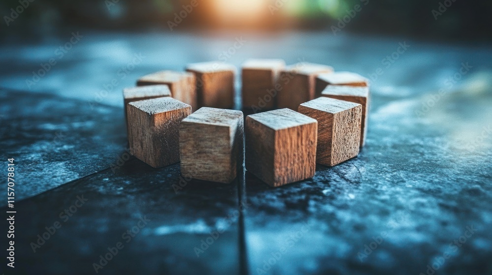 Wooden blocks arranged in a circle on a dark surface. Wooden blocks arranged in a circle on a dark surface.