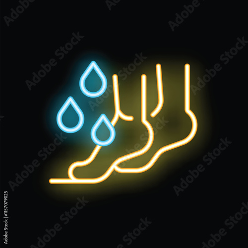 Neon icon representing feet sweating, with blue droplets dripping, illustrating the concept of foot odor and excessive perspiration