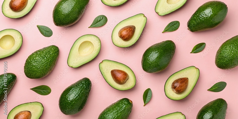 Trendy Panoramic Avocado Pattern: Cute Green Avocados on Pink Background for Wallpaper, Print & Fabric Design Trendy Panoramic Avocado Pattern: Cute Green Avocados on Pink Background for Wallpaper, Print & Fabric Design