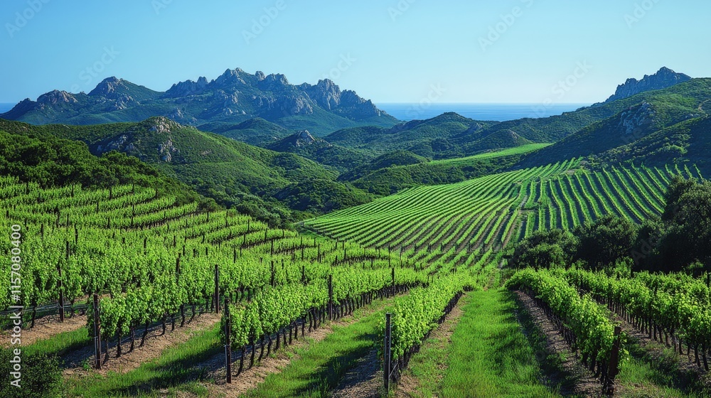 Lush green vineyards on rolling hills with mountains and ocean in background. Lush green vineyards on rolling hills with mountains and ocean in background.