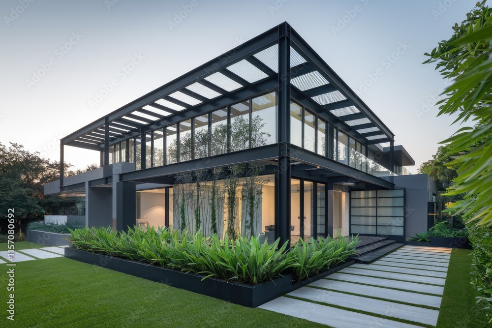 Modern steel-framed house with expansive glass walls, showcasing sleek design and lush landscaping. Modern steel-framed house with expansive glass walls, showcasing sleek design and lush landscaping.