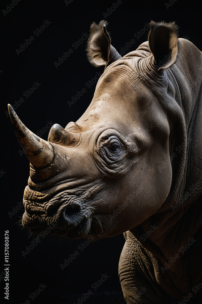 Expressive portrait rhinoceros. Animal. Close-up captures character and personality. Ideal for nature lovers, pets and wildlife Expressive portrait rhinoceros. Animal. Close-up captures character and personality. Ideal for nature lovers, pets and wildlife