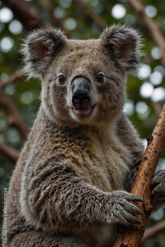 Naklejka premium Expressive portrait koala. Animal. Close-up captures character and personality. Ideal for nature lovers, pets and wildlife