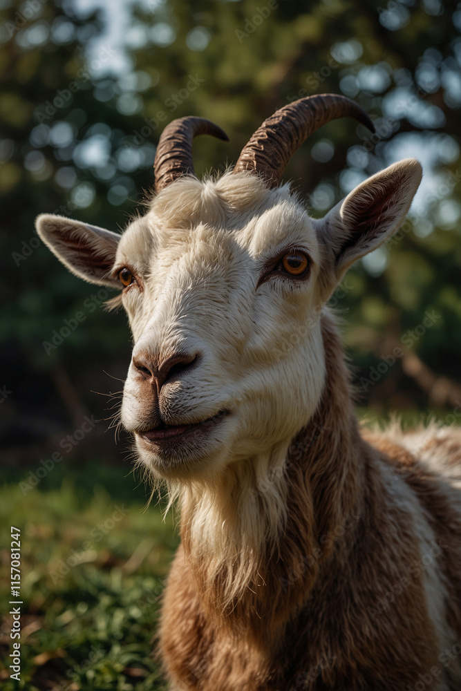 Expressive portrait goat. Animal. Close-up captures character and personality. Ideal for nature lovers, pets and wildlife Expressive portrait goat. Animal. Close-up captures character and personality. Ideal for nature lovers, pets and wildlife