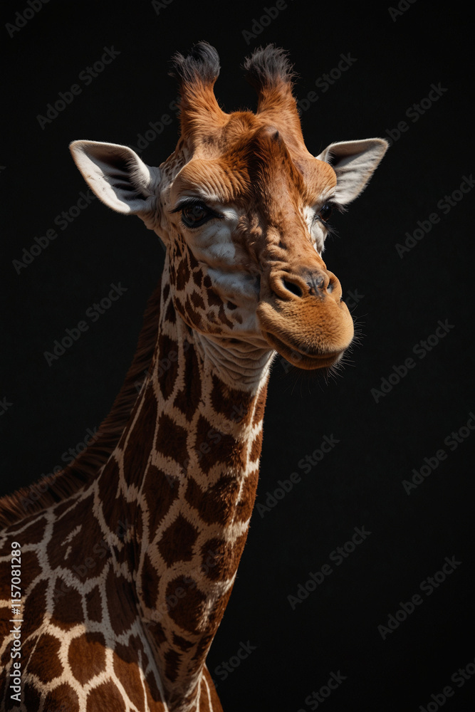 Fototapeta premium Expressive portrait giraffe. Animal. Close-up captures character and personality. Ideal for nature lovers, pets and wildlife