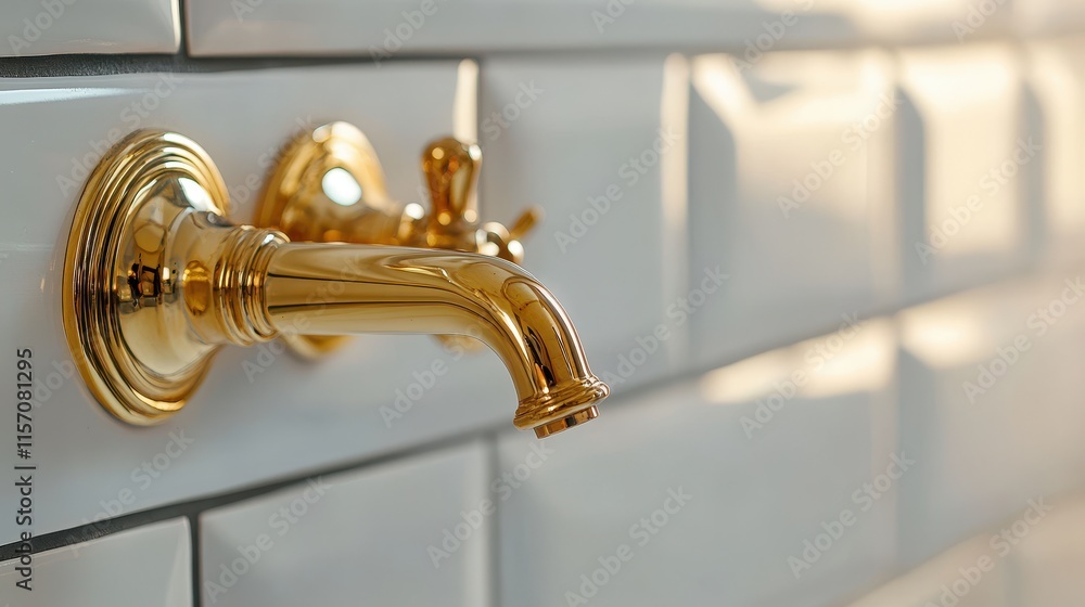 Elegant Gold Faucet on White Tile Wall in Modern Bathroom Design Elegant Gold Faucet on White Tile Wall in Modern Bathroom Design