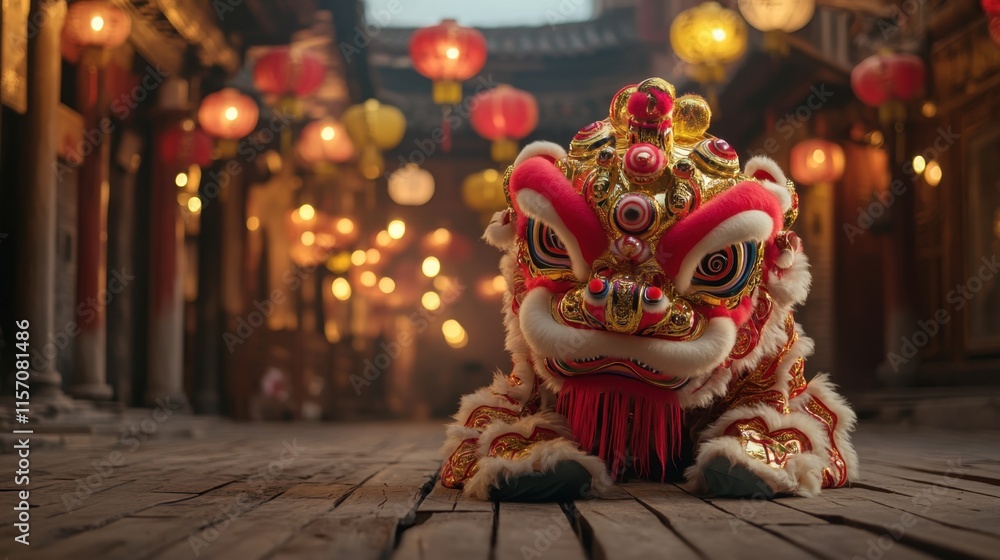 Fototapeta premium Traditional Chinese Lion Dance Costume in Vibrant Lantern Festival