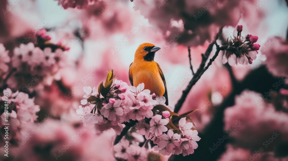 Obraz premium Vibrant Yellow Bird Perched on Cherry Blossom Branch in Spring