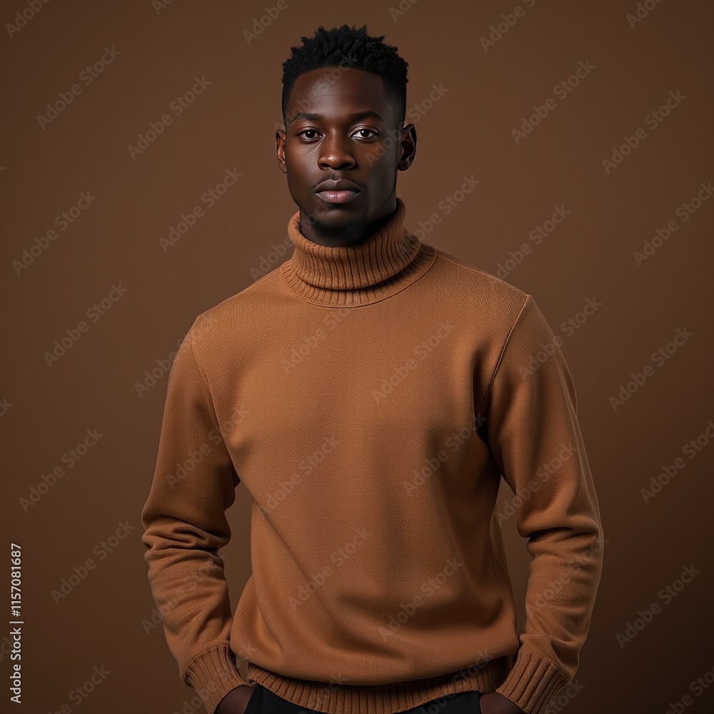 Fototapeta premium Man in brown turtleneck sweater wearing glasses against neutral backdrop
