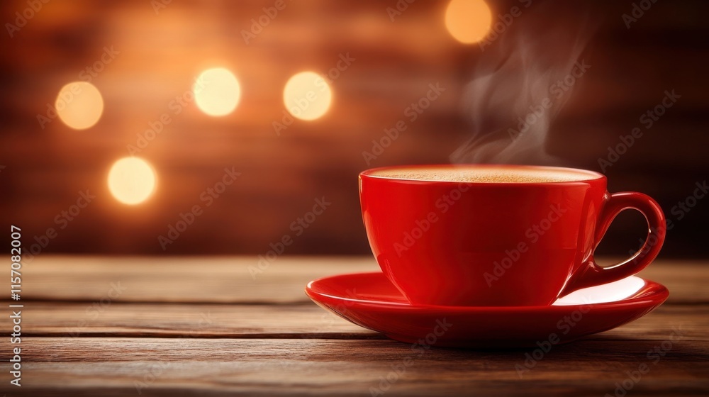 Red Coffee Cup on Wooden Table with Warm Bokeh Background Red Coffee Cup on Wooden Table with Warm Bokeh Background
