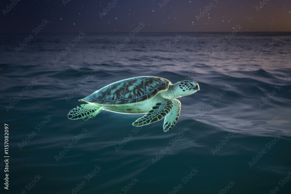 Fototapeta premium A sea turtle gracefully swims under a starry night sky, its ethereal glow illuminating the dark ocean waters.