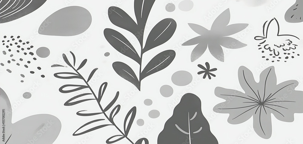 Fototapeta premium Abstract grayscale botanical illustration featuring various leaves, flowers, and organic shapes.