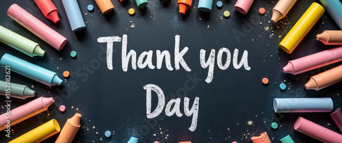 Thank you day message surrounded by colorful chalks and candies on a blackboard