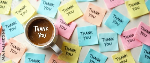 Cup of coffee surrounded by colorful thank you sticky notes on a table