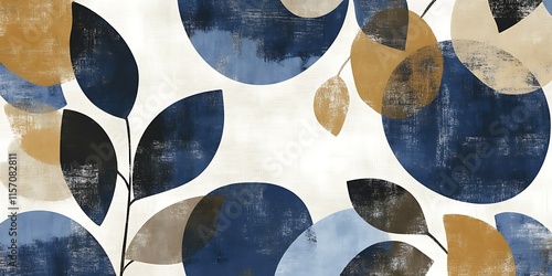 Abstract navy blue, gold, and grey leaves and circles pattern on white background.