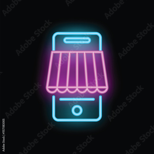 Glowing neon sign of a smartphone with a shop awning, symbolizing online shopping and e commerce